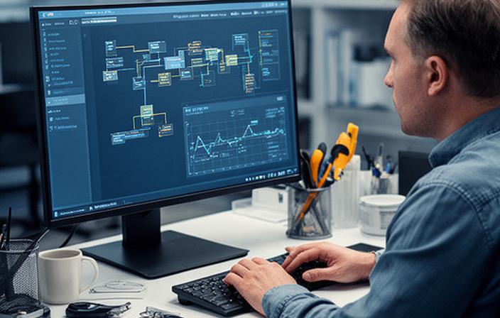 Database engineer tracing a performance report on a large monitor beside neatly arranged workstation tools
