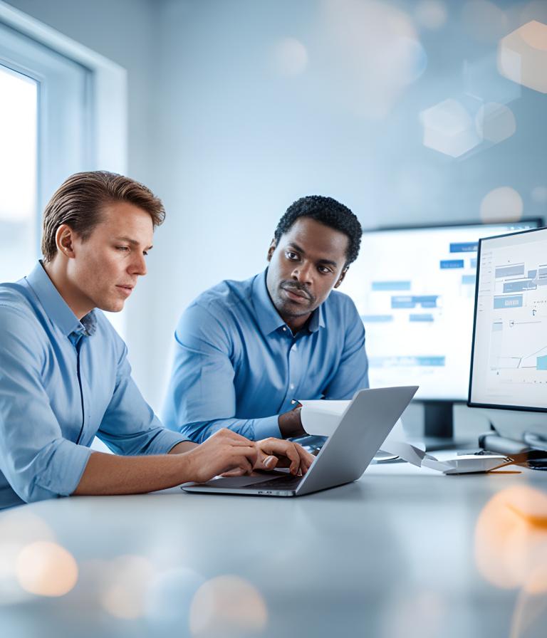 Two database specialists reviewing a dashboard and query plan in a bright modern workspace