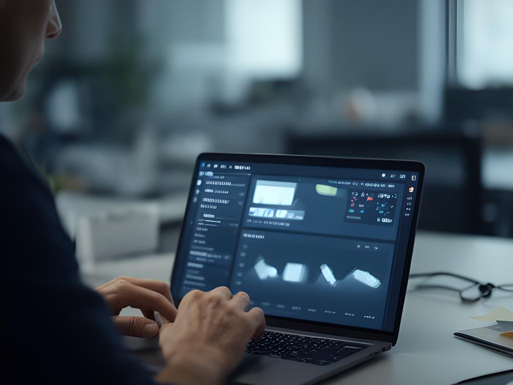 Database consultant reviewing DBeaver dashboards on a laptop in a quiet modern office