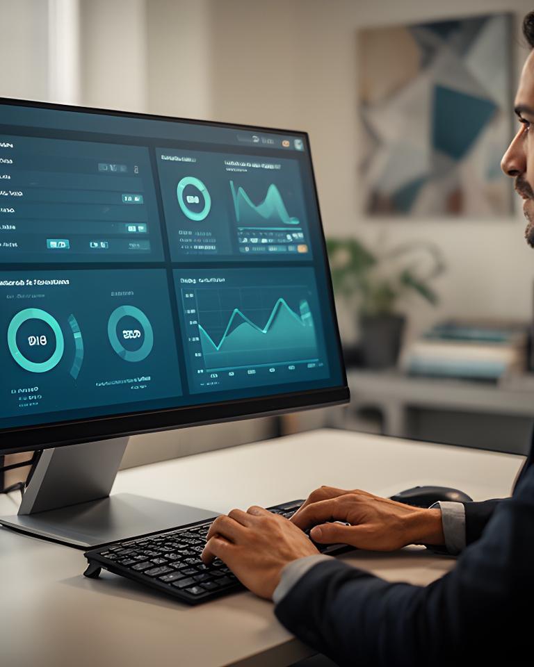 Analyst reviewing a multi-panel KPI dashboard on a desk monitor in a modern office