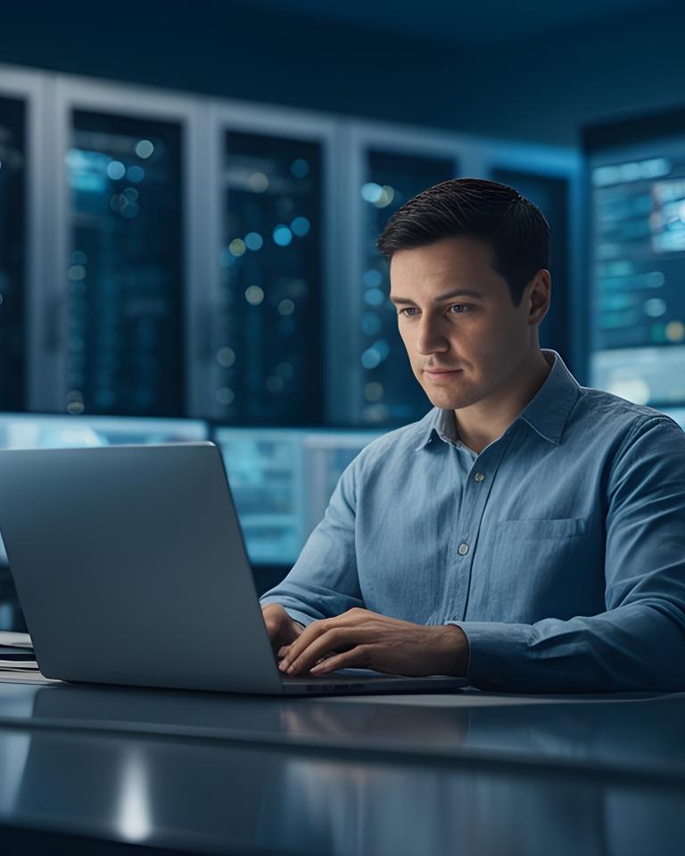 Database engineer reviewing operational dashboards in a calm modern control room