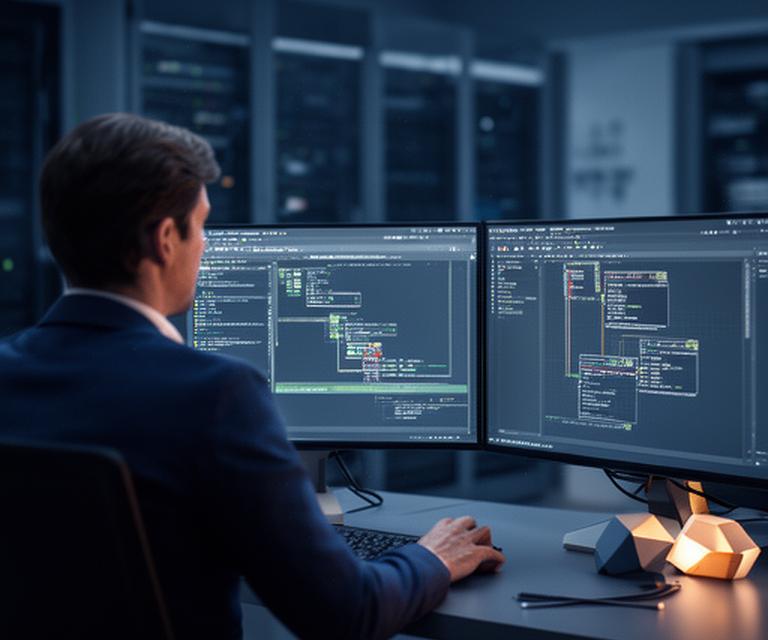 Database engineer reviewing query plans on dual monitors in a calm modern operations room