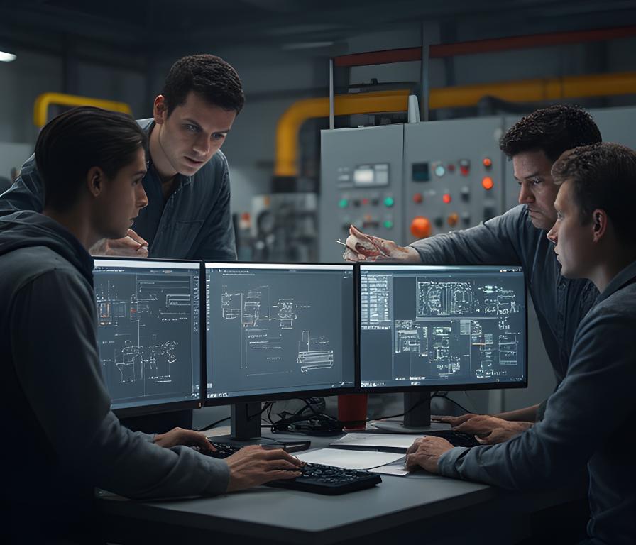 Manufacturing IT team reviewing database connections beside a control room workstation with multiple monitors