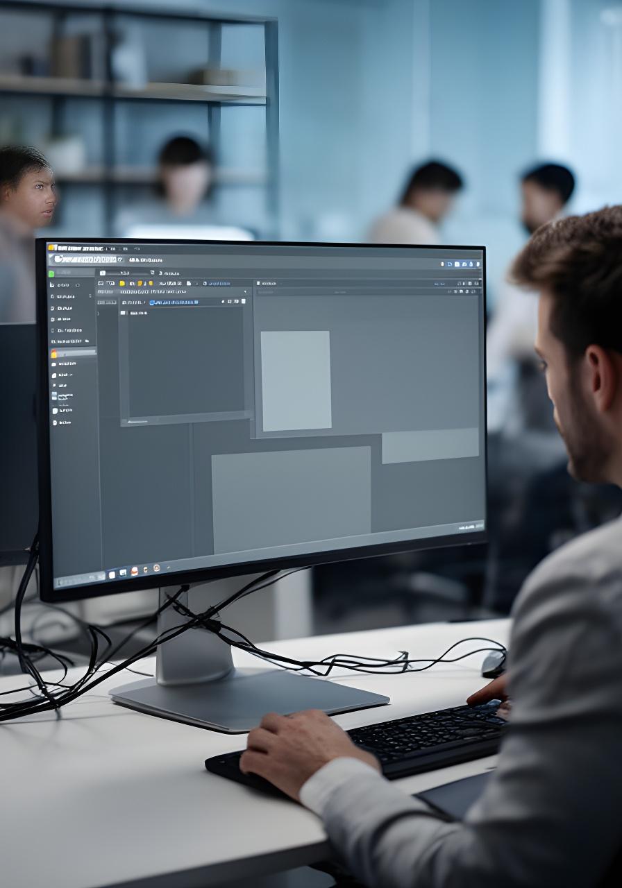 Database specialist reviewing DBeaver workspace settings on a large monitor in a modern office