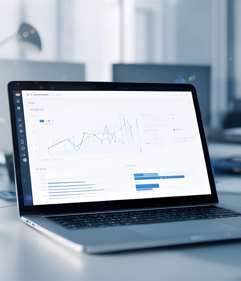 Modern database dashboard on a laptop in a calm office setting with layered analytics charts