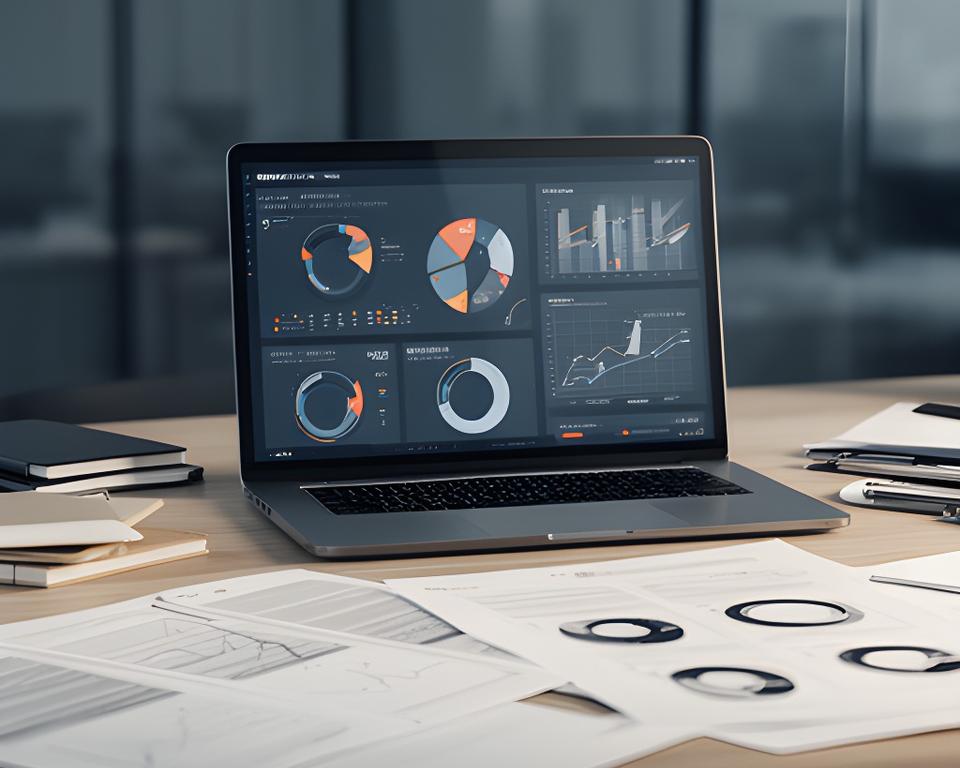 Editorial desk with database dashboards, printed reports, and a laptop showing sector analytics in a calm office