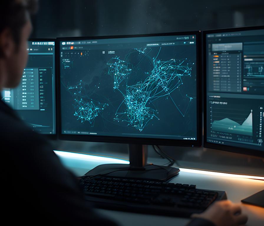 Logistics control room with route maps, live dashboards, and shipment monitoring screens on a dark workstation