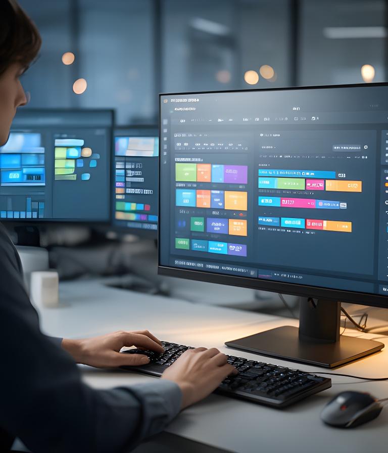 Database specialist reviewing cross-platform dashboards in a modern office with multiple monitors