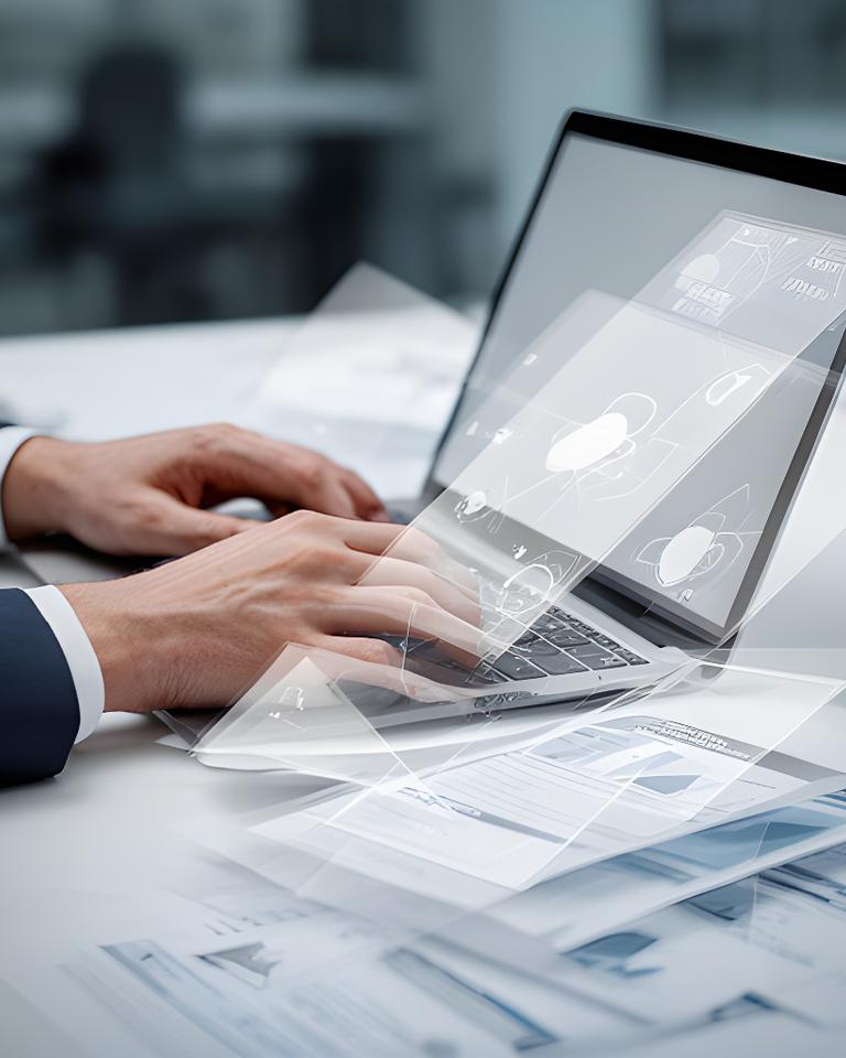 Secure database analyst reviewing privacy controls on a desk with layered documents and a laptop in a calm office