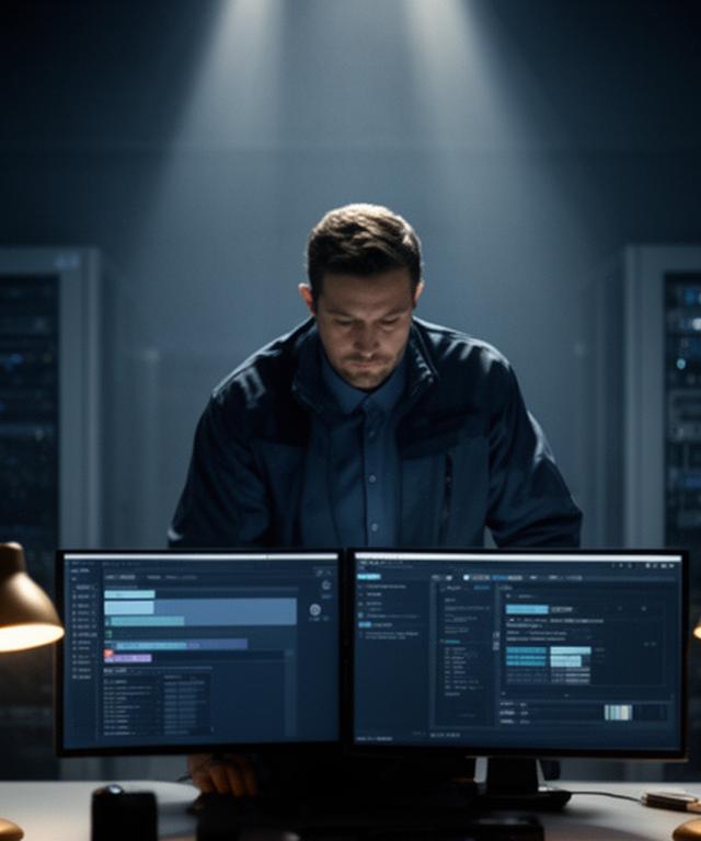 Technician reviewing remote access permissions and session logs in a secure database operations room