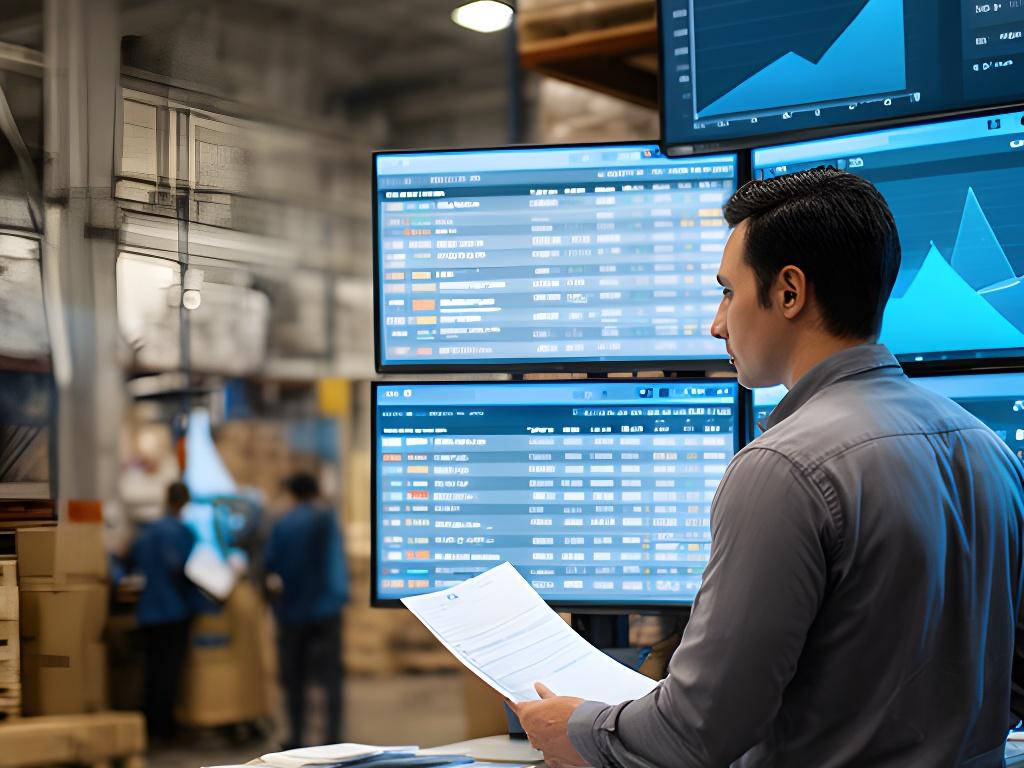 Retail operations manager reviewing a consolidated inventory dashboard beside stacked fulfilment records