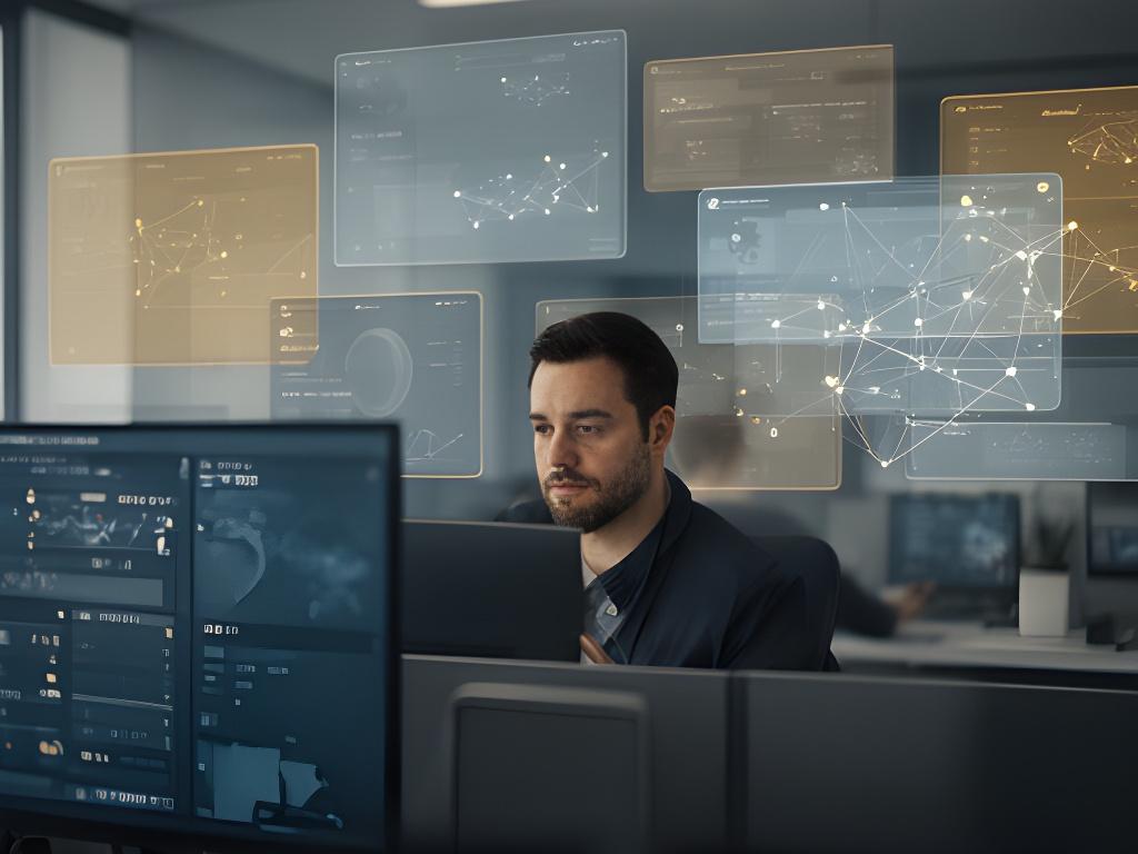 Analyst reviewing unified database dashboards in a modern office with layered data screens