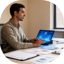 Database consultant reviewing a DBeaver workspace beside a tidy office desk and notes