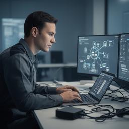 Technical specialist in a modern workspace checking integrations across multiple database systems