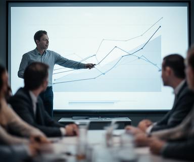 Analyst reviewing performance graphs on a large screen during a team meeting