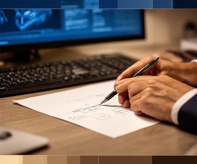 Consultant sketching a support plan on paper with a keyboard and monitor nearby