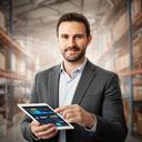 Operations manager in a warehouse office reviewing performance charts