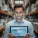 Retail manager in a stockroom consulting a monitoring dashboard on a tablet